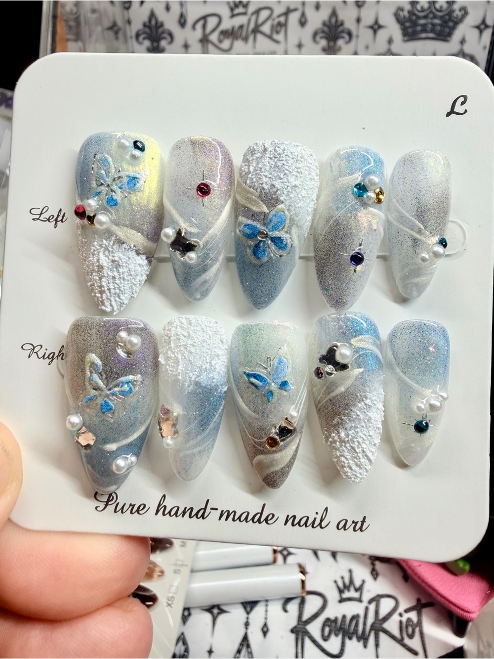 Hand-Made Blue & White Butterfly Nail Art Set